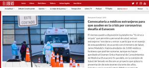 Lee más sobre el artículo Aparición de investigadora en medios en relación a convocatoria de médicos extranjeros para ayuda en crisis COVID-19
