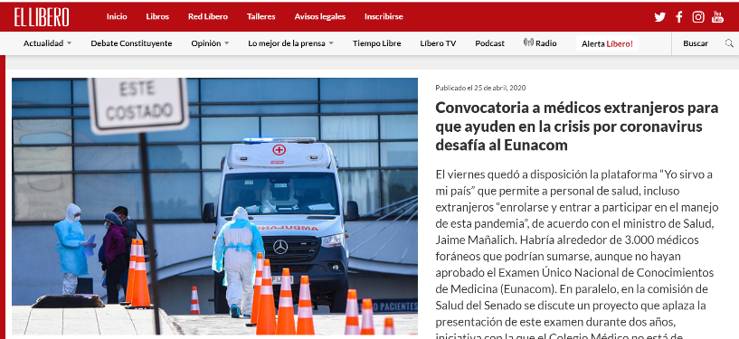 Lee más sobre el artículo Aparición de investigadora en medios en relación a convocatoria de médicos extranjeros para ayuda en crisis COVID-19