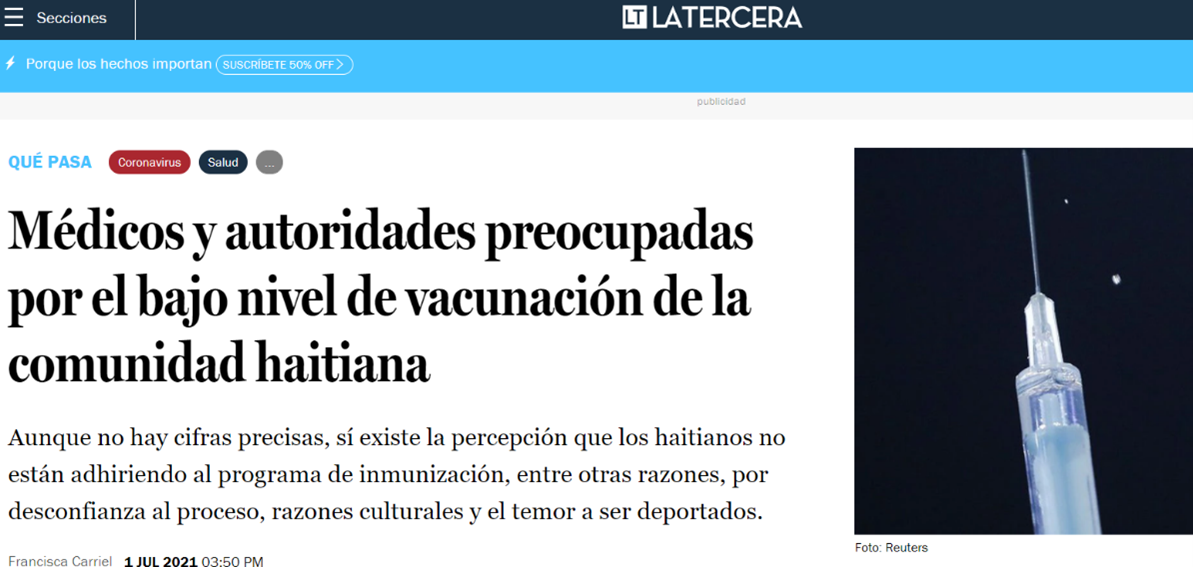 Lee más sobre el artículo Aparición en diario “La Tercera” de investigadoras de PROESSA en reportaje sobre vacunación de población haitiana